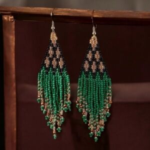 Geo Pattern Shimmering Green and Shimmering Gold beaded tassel earrings. New.